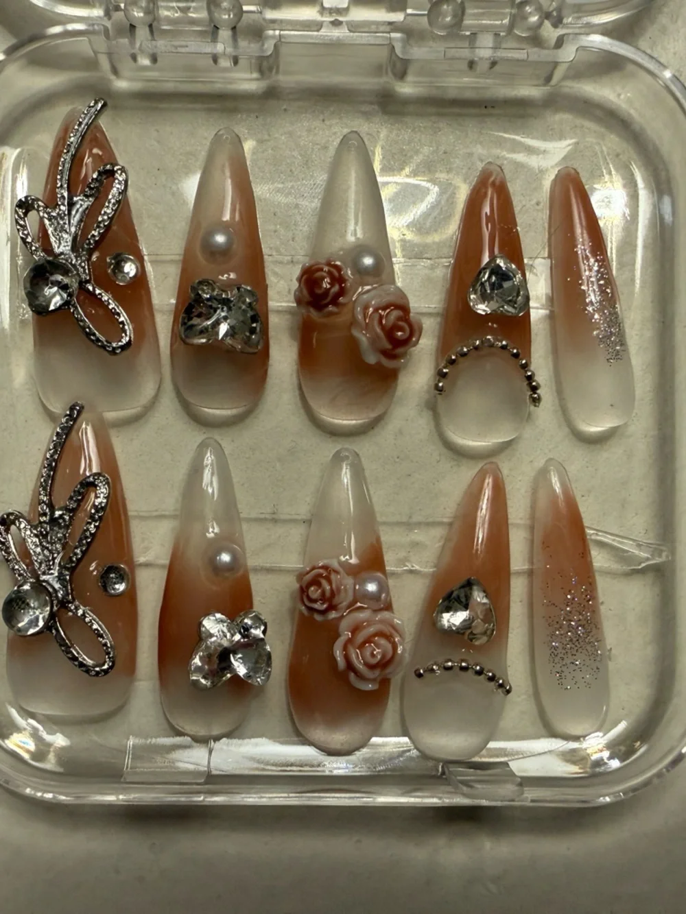 Elegant Nude and White Press-On Nails with Rhinestones